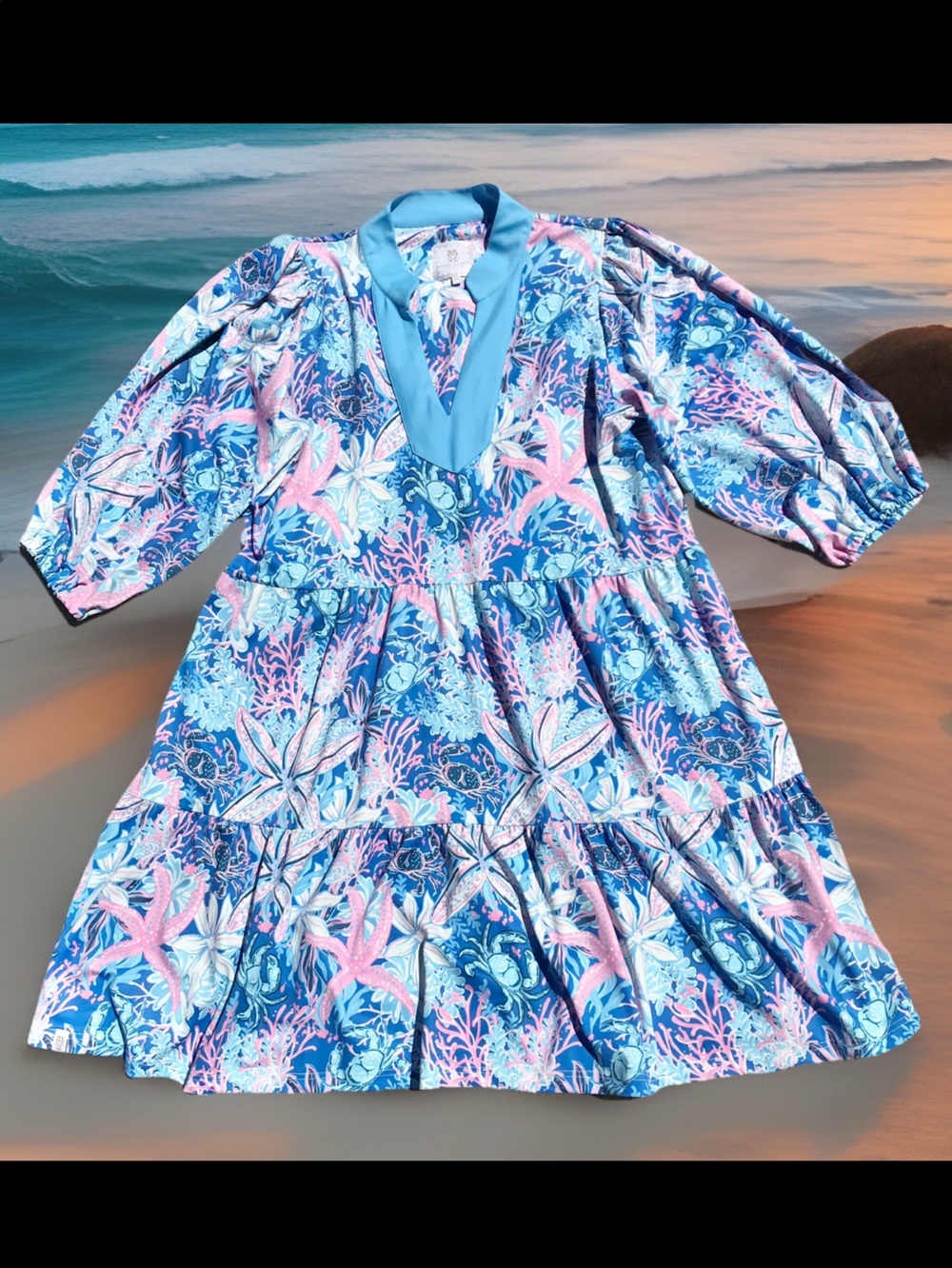 Simply Southern Woman Tropical Crab Tiered UPF 50 Dress Blue/Pink Size XL EUC